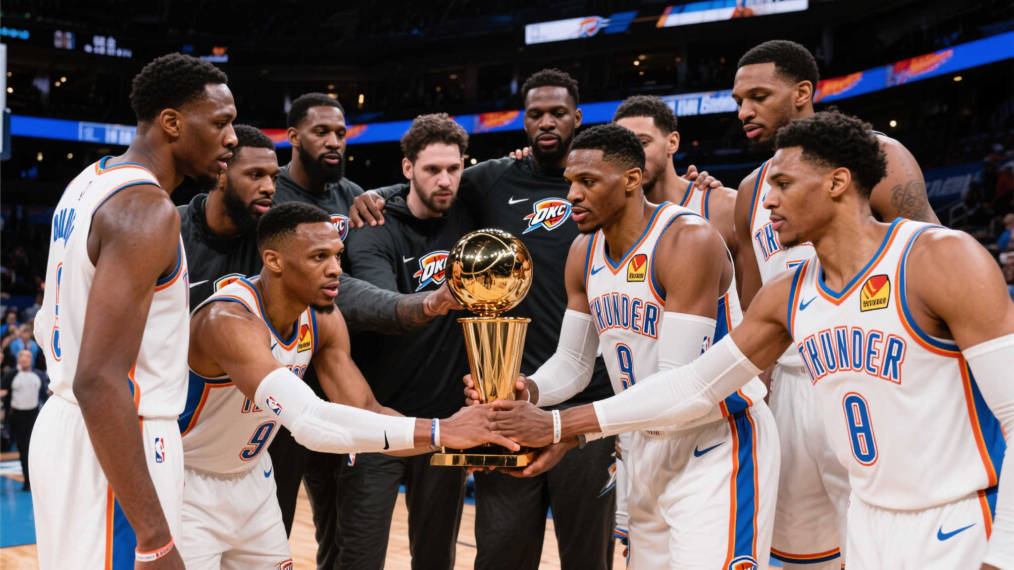 雷霆官推发布众将捧杯照：无畏追梦，献给这座城市！